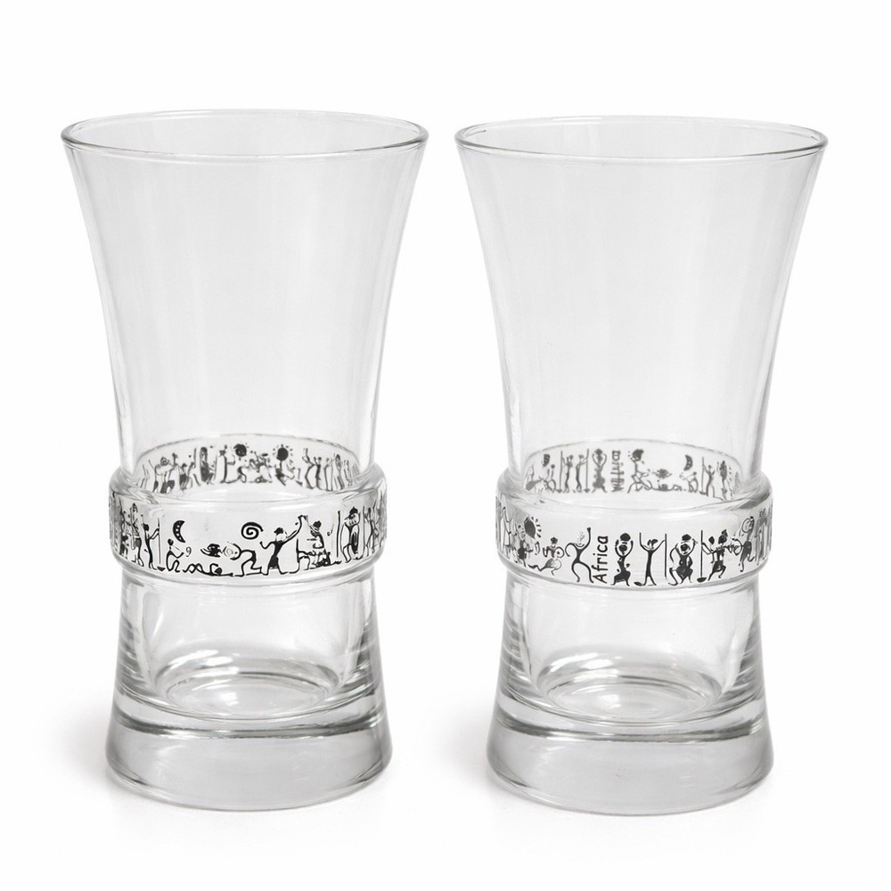 Set of 2 Vintage Africa Tribal Highball Glasses Black Stick Figure Barware 7.5"